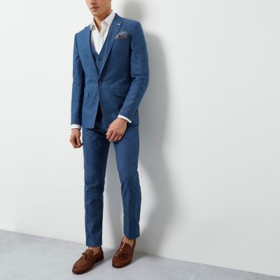 Blue linen slim fit suit jacket